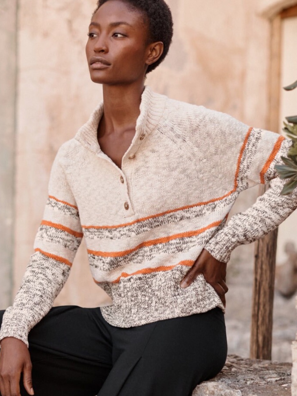 Garnet Hill Organic Cotton Slub Knit Henley Sweater Earth Tones Women’s Size S